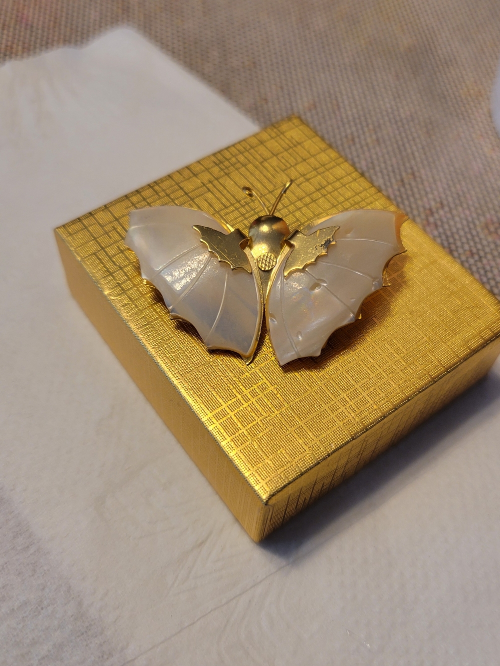 Goldtone  and Mother-of-Pearl Butterfly Pin Brooch - Unbranded